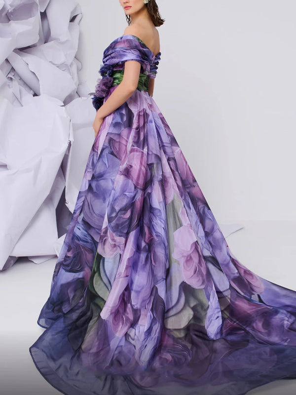 A-line Pleated Long formal Printed Evening Gown