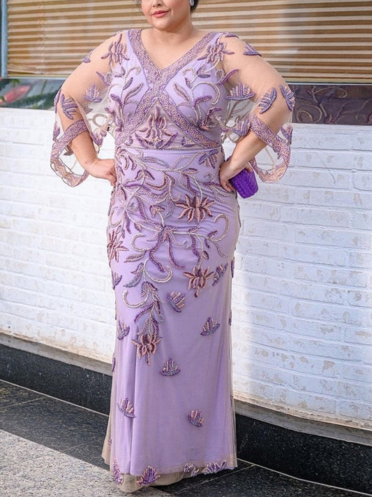 Plus Size V-Neck Mesh Solid Color Maxi Dress