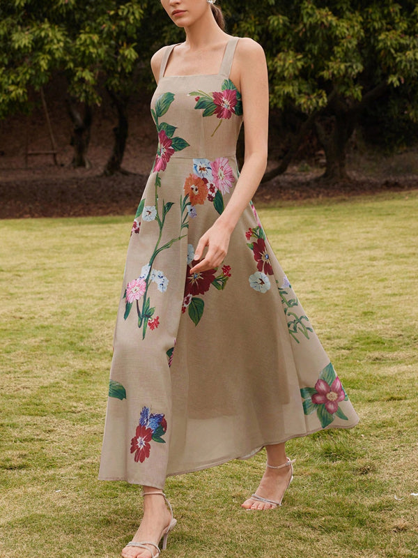 Camisole Linen Positioned Floral Printed Boutonniere Dress