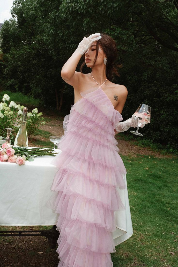 Pink Sweet Backless Long Tulle Ball Gown Evening Dress Party Dress gh3297