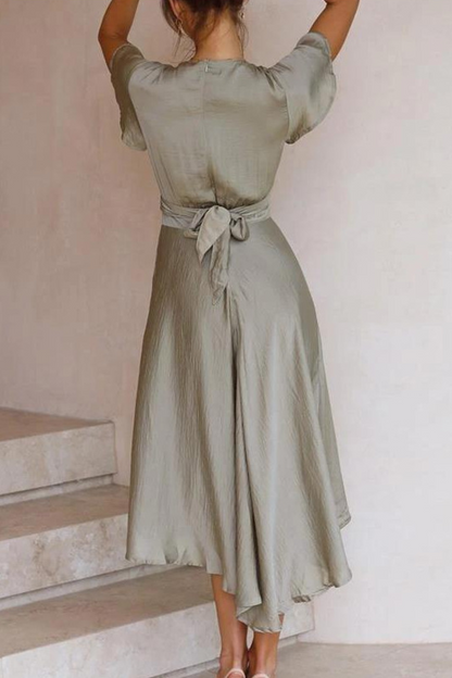 loveedsTM-Elegant Solid Knotted With Belt V Neck Irregular Maxi Dresses