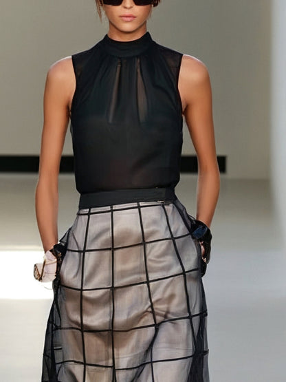 Black Mesh Classic Crew Neck Sleeveless A-Line Midi Dress