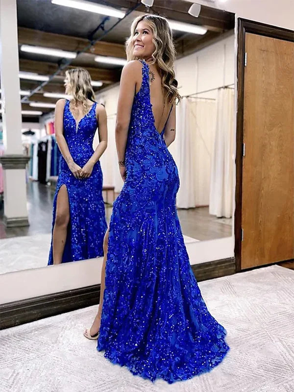 Classy Mermaid V Neckline Royal Blue Lace Prom Dresses Graduation Dresses DP534