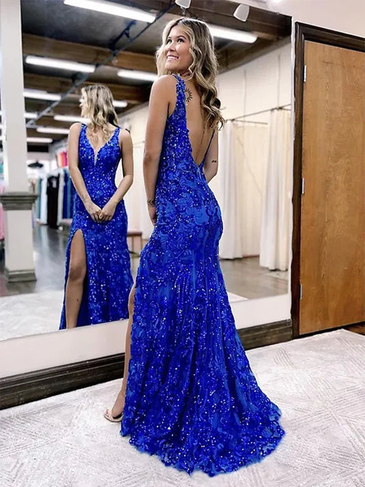 Classy Mermaid V Neckline Royal Blue Lace Prom Dresses Graduation Dresses DP534