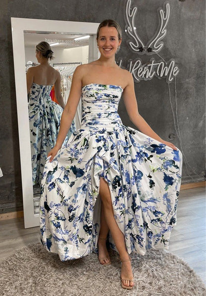 Strapless Print Floral Long Prom Dress Evening Gown  gh2969
