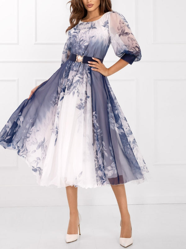 Ink Print Waist-hugging Style Women's Dress