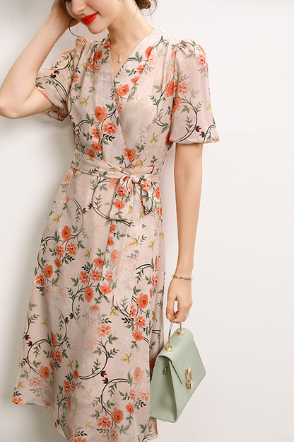 loveedsTM-French v-neck lace-up waist-cinching fairy print A-line dress