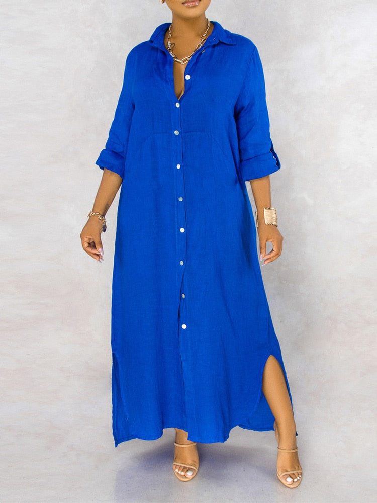 loveedsTM-Solid Button Maxi Shirt Dress