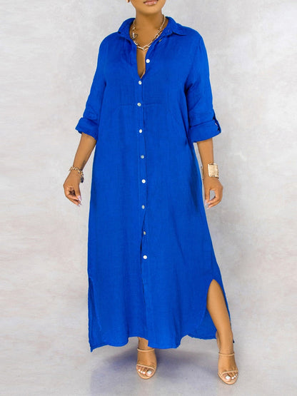 loveedsTM-Solid Button Maxi Shirt Dress