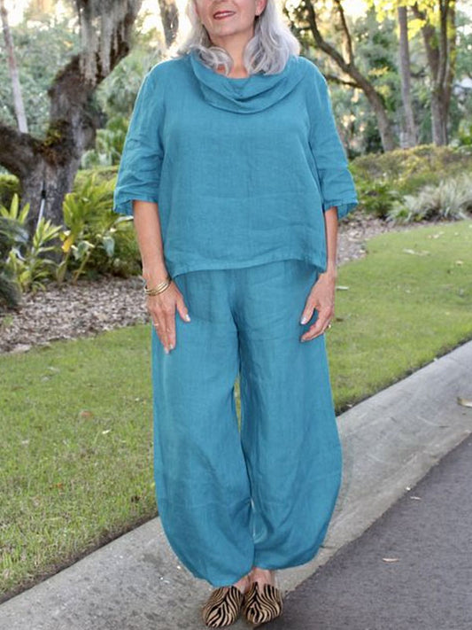 Stacked Collar Cotton and Linen Women's Suit