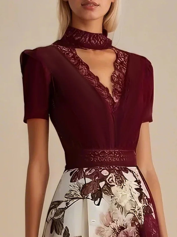 Wine Red Lace Floral Satin V Neck Short Sleeve A-Line Maxi Dress