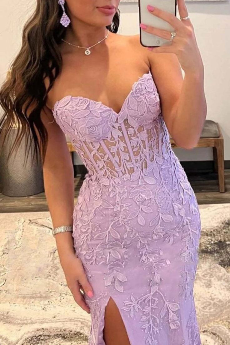 Pretty Mermaid Strapless Corset Lace Prom Dress with Slit DP295