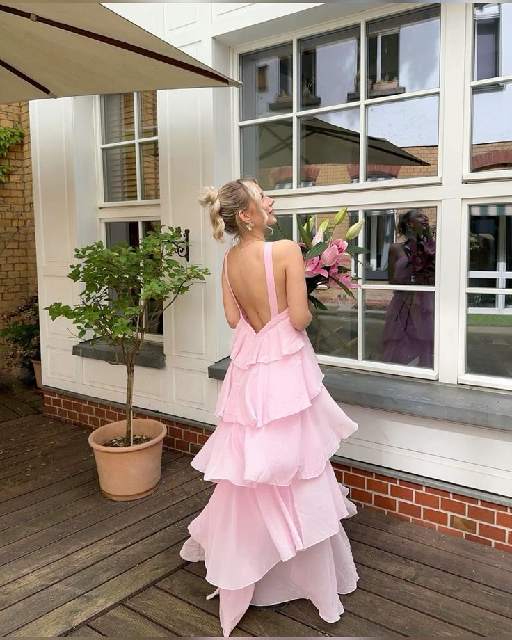 Pink Halter Fashion Halter Ruffled Tiered Ruffle Long Chiffon Tulle Ball Gown Evening Gown Party Dress gh3100