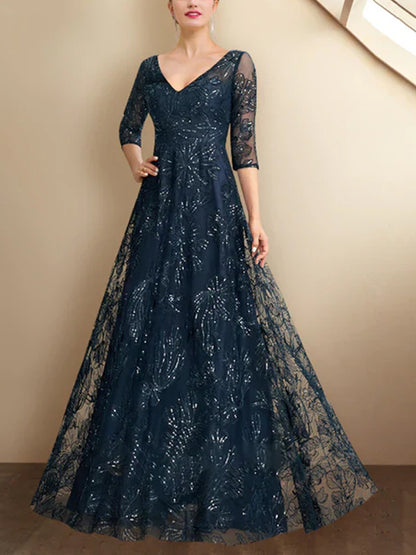 V-neck Lace Sequins Maxi Dress