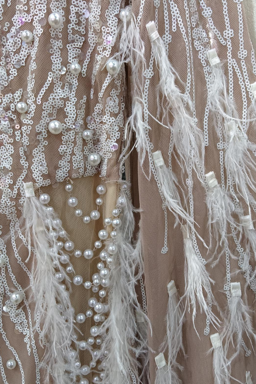 loveedsTM-New short pearl feather mesh dress-vx