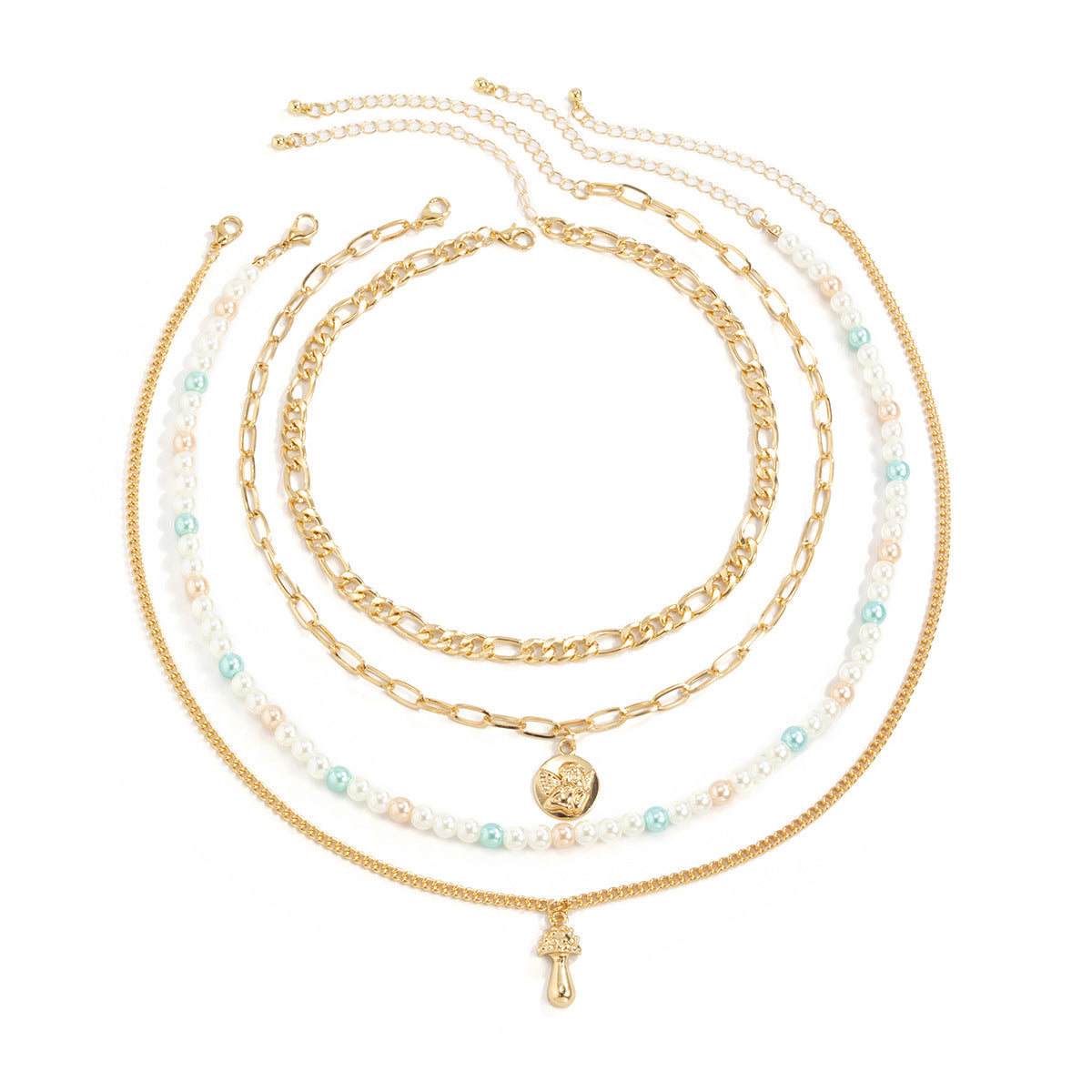 Metal necklace multiple sets of pearls