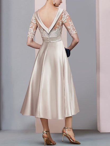 Round Neck Solid Color Lace Midi Dress