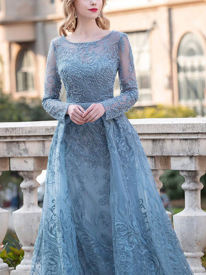 Round Neck Lace Long Sleeves Maxi Dress