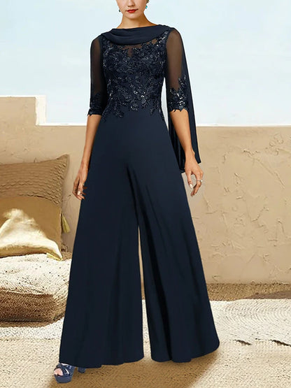 Round Neck Lace Solid Color Jumpsuit