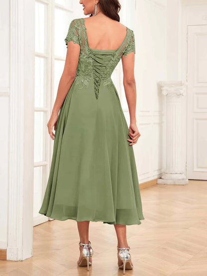 Round Neck Solid Color Short Sleeve Lace Midi Dress