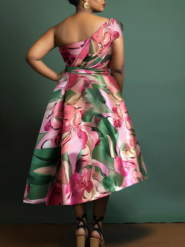 Floral Spring Summer One Shoulder Satin Midi Dress