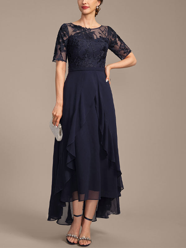 Round Neck Short Sleeve Lace Solid Color Midi Dress