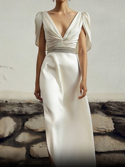 Evening Party Satin Dress White Deep V-Neck Rhinestone Belt Slit Maxi Dress