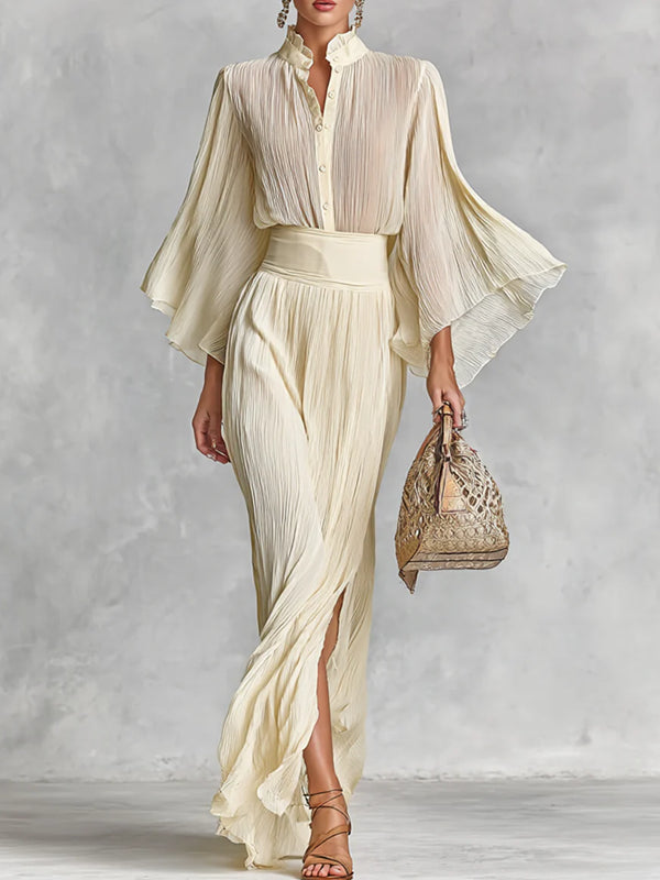 Chiffon Temperament Trumpet Sleeve Slit Skirt Women's Two-piece Set