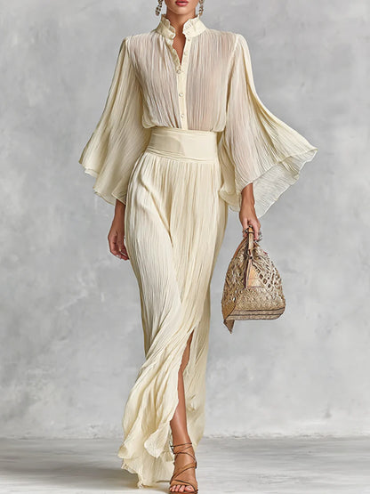 Chiffon Temperament Trumpet Sleeve Slit Skirt Women's Two-piece Set