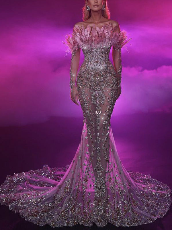 Tube Top Sequin Feather Solid Color Gown