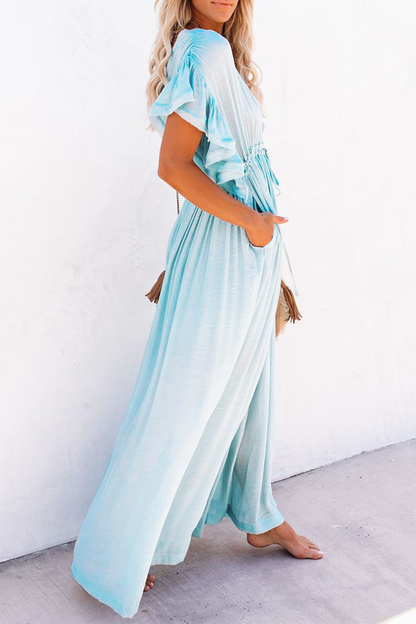 loveedsTM-Elegant Solid Frenulum Buckle V Neck A Line Dresses