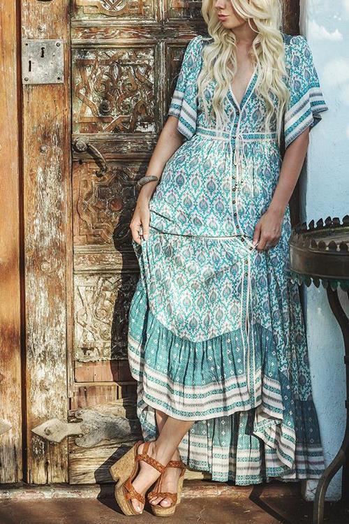 loveedsTM-Print V Neck Short Sleeve Maxi Dress