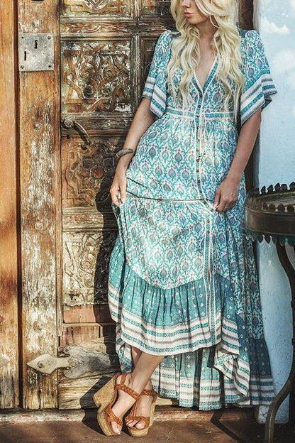 loveedsTM-Print V Neck Short Sleeve Maxi Dress