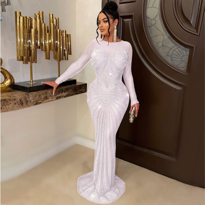 loveedsTM-Sexy Rhinestones Floor-length Evening Dresses Luxury Elegant Women's O-neck Long Sleeve See-through Mesh Night Club Long Dress