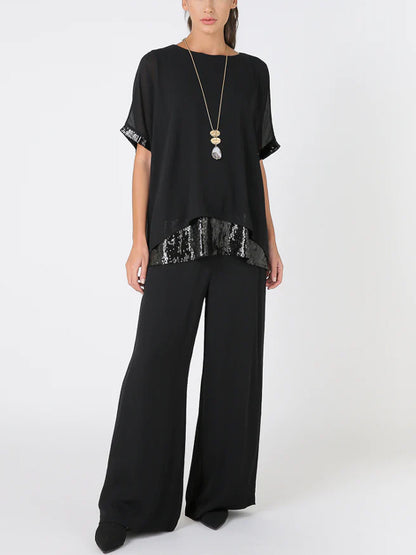 Crew Neck Mesh Sequin Top Trousers Suit