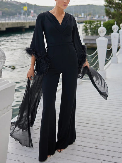 V-neck Solid Color Feather Sleeve Jumpsuit