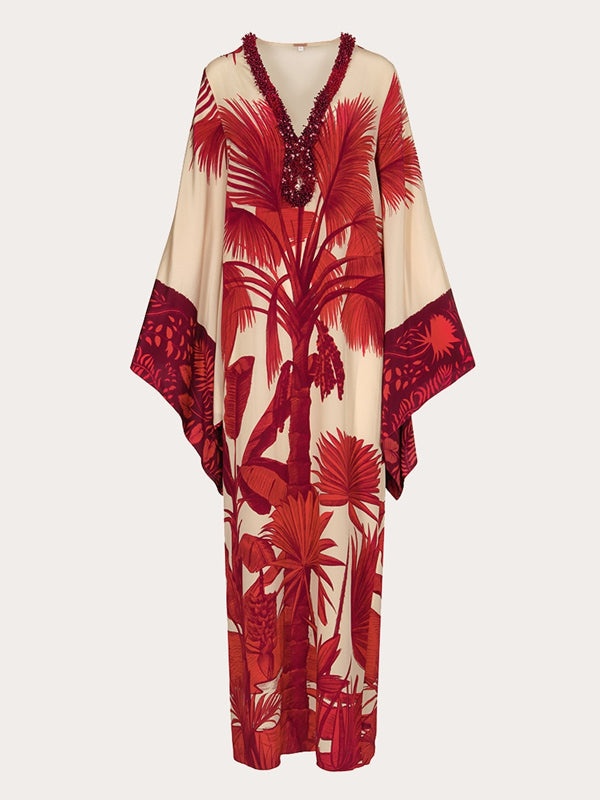 V-neck Elegant Plant Print Holiday Women's Dress