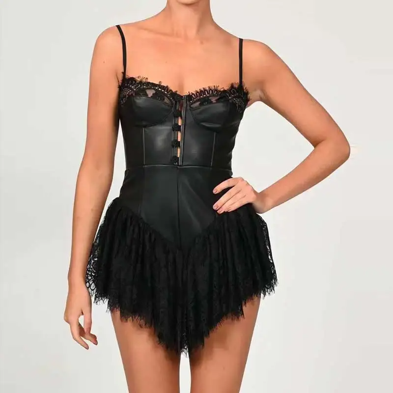 loveedsTM - Sexy Solid White Stitching Lace Bra Corset style Spaghetti Strap Mini Dress Women Backless Party Skater Short Sling Robe