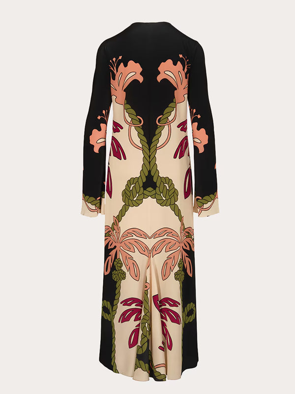 Beaded Elegant Plant Print Silk Women's Dress