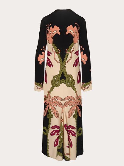 Beaded Elegant Plant Print Silk Women's Dress