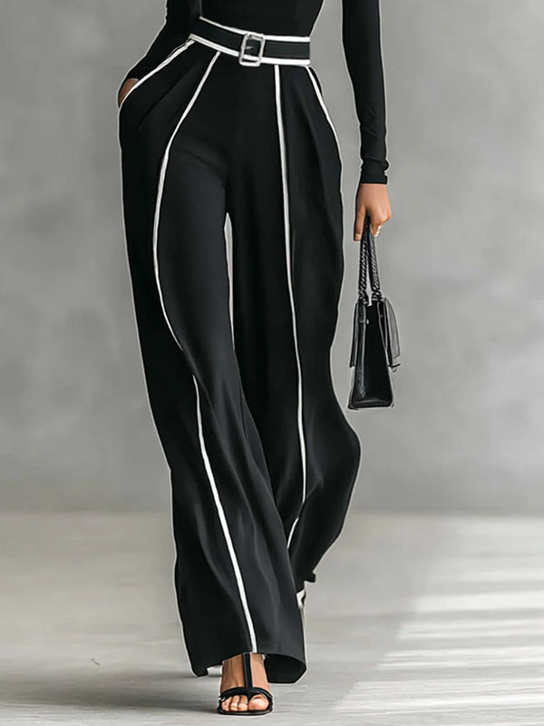 Temperament High Waist Wide Leg Ladies Two Piece Suit