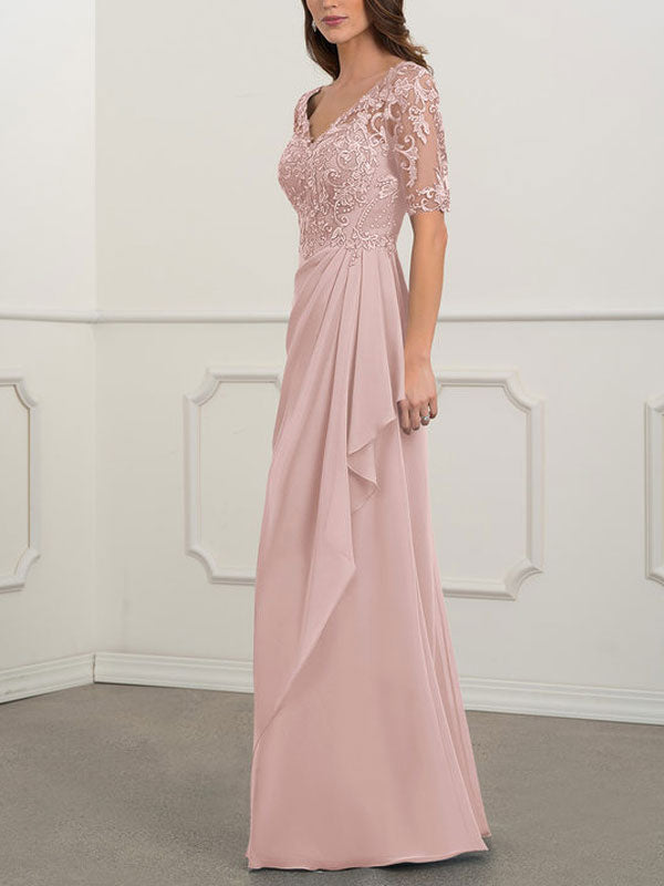 Floor-to-ceiling chiffon lace back zip bridal mom dress