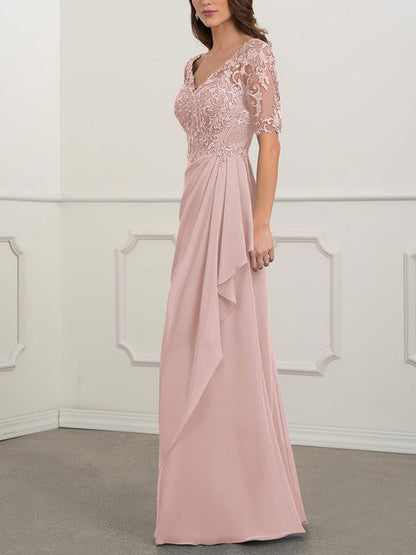 Floor-to-ceiling chiffon lace back zip bridal mom dress