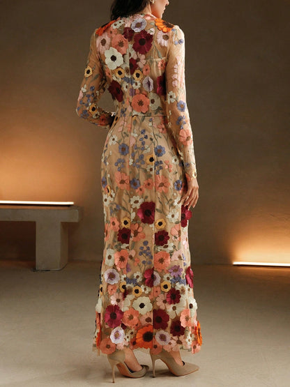 Women Elegant Mesh Flower Embroidery Long Dress