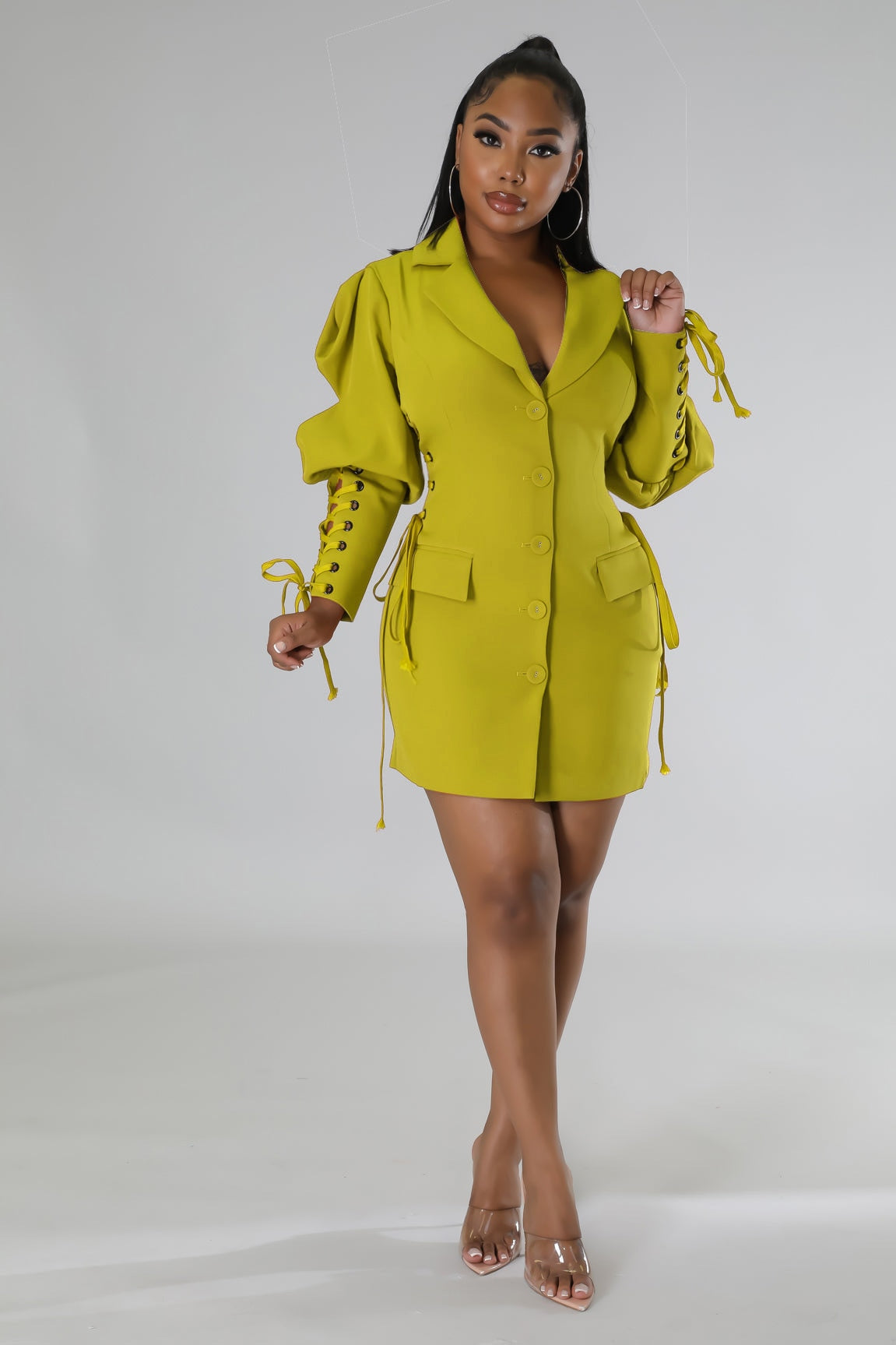 loveedsTM- Women Eyelet Lace Up Lantern Long Sleeve Single Breasted Lapel Neck Blazer Style Midi Dress for Winter Autumn Ins Tops