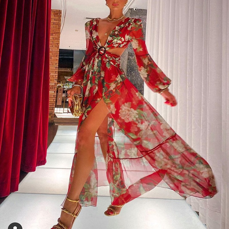 loveedsTM- Sexy V-Neck Backless Hollow Out Dress 2024 Summer Women Lantern Sleeve Club Party Long Maxi Dresses Tunic Beach Cover Up A916