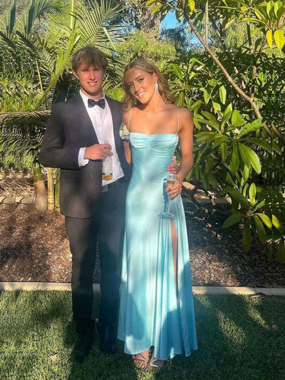 Elegant Blue Satin Mermaid Side Slit Long Evening Prom Dresses Sexy Prom Dress DP246