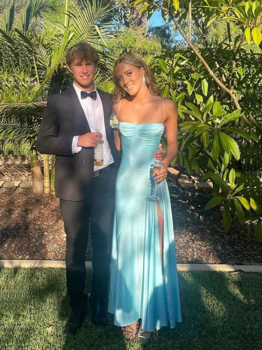 Elegant Blue Satin Mermaid Side Slit Long Evening Prom Dresses Sexy Prom Dress DP246