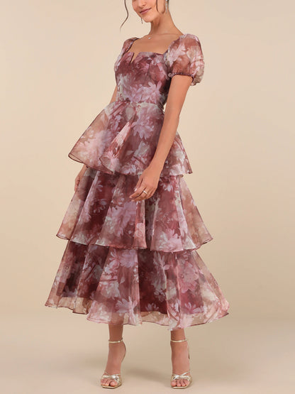 Rust Floral Organza Puff Sleeve Tiered Midi Dress