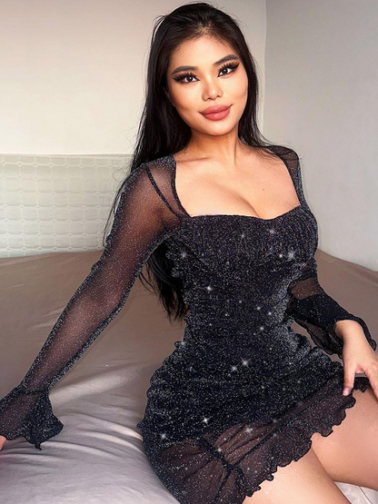 loveedsTM- Sheer Mesh Puff Sleeve Glitter Bodycon Dress